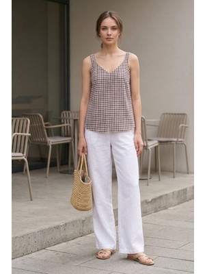 Lupinn Kadın Bordo Ekose Desenli Askılı Bluz V Yaka Salaş Yazlık Rahat Kesim Günlük Tatil Kombinlik Şık Üst