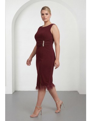 Lafaba Kadın Bordo Bisiklet Yaka Taşlı Büyük Beden Abiye Elbise