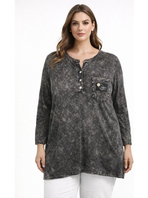 Rmg Yaka Arma Detaylı Büyük Beden Yıkamalı Bluz Siyah