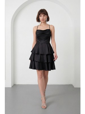 Lafaba Kadın Siyah Ince Askılı Degaje Yaka Mini Saten Mezuniyet Abiye Elbise