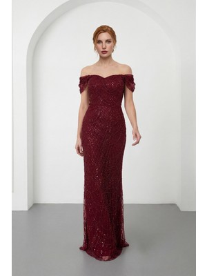 Lafaba Kadın Bordo Kayık Yaka Boncuklu Uzun Abiye Elbise
