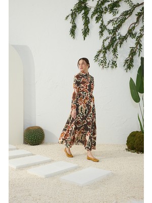 Aker Turuncu Klasik Keten Desenli Elbise