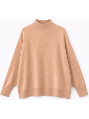 Mixray 7003 Kadın Oversize Dik Yaka Basic Triko Kazak Vizon