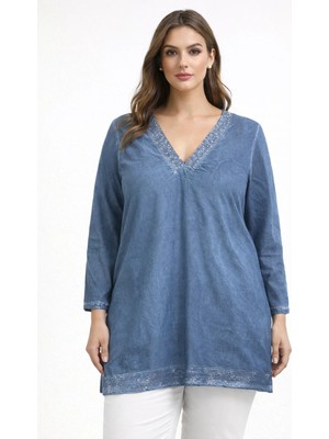 Rmg Büyük Beden Pul Payet Detay Bluz Indigo