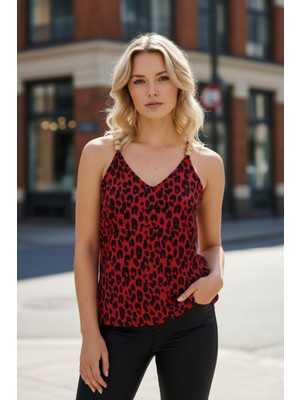 Mossta V Yaka Boncuk Detay Leopar Desenli Süprem Bluz - Kırmızı