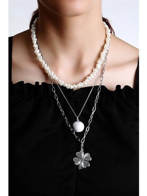 twingold Yonca Tasarımlı Cam Incili Yüksek Kaliteli 3lü Zincirli Kolye