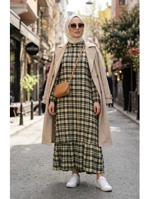 Kolu Lastikli Kareli Oduncu Elbise 2248-04 Sarı