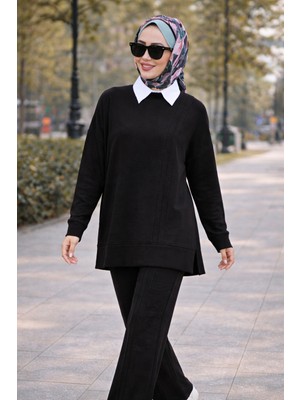 Esra Butik Mürdüm Siyah Taş Çimalı Tesettür Ikili Takım Tunik Pantolon Şık Rahat