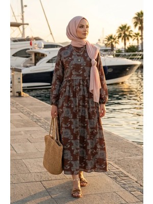 Sefa Merve Şal Desenli Beli Lastikli Elbise 71287-02 Kahverengi