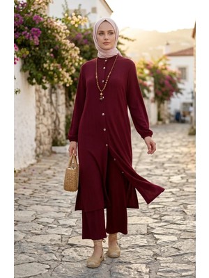 Sefa Merve Fitilli Düğmeli Tunik Pantolon Ikili Takım 2250-04 Bordo