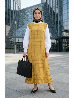 Sefa Merve Kareli Dokulu Jile Elbise 2514-02 Hardal