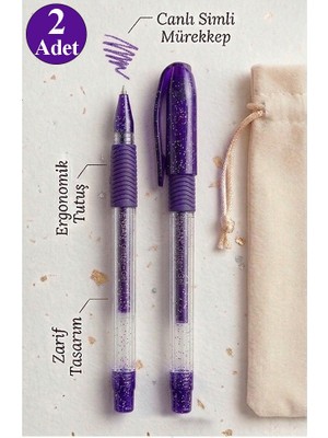 Artlantis Mor Simli Jel Kalem 1.0mm 2 Adet Akıcı Yazım Pensan Simli Jel Kalem Tükenmez Simli Kalem Simli Pilot Kalem Canlı