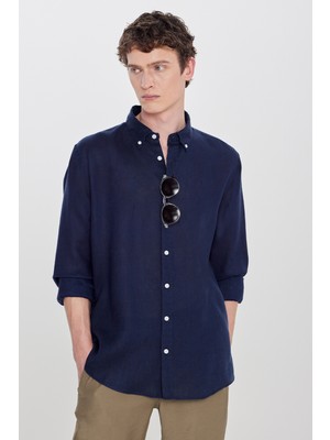 Altınyıldız Classics %100 Keten Comfort Fit Rahat Kesim Düğmeli Yaka Gömlek