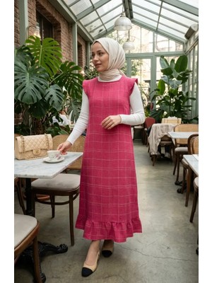 Sefa Merve Kareli Dokulu Jile Elbise 2514-04 Pembe