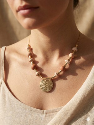 Olen Bohem Seramik Taşlı Dövme Metal Oval Silindir Geçişli Tasarım Kolye