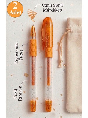 Artlantis Turuncu Simli Jel Kalem 1.0mm 2 Adet Akıcı Yazım Pensan Simli Jel Kalem Tükenmez Simli Kalem Simli Pilot Kalem Canlı