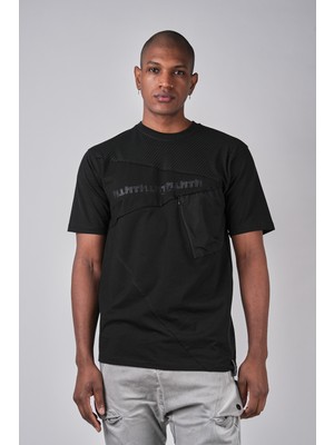 Ex-pent Kısa Kollu Cepli Çizgili Garnili Düz Kesim Baskılı Siyah T-Shirt