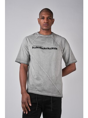 Ex-pent Kısa Kollu Dikim Detaylı Asimetrik Kesim Yıkamalı Gri T-Shirt