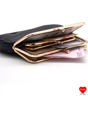 Jara Bag Velora Çok Bölmeli Siyah Yumuşak Deri Klipsli Burslu Kadın Cüzdanı