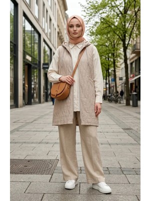 Kapüşonlu Fermuarlı Kapitone Yelek 12037-02 Bej