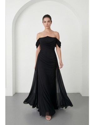 Lafaba Kadın Siyah Kayık Yaka Kuyruklu Uzun Şifon Abiye Elbise