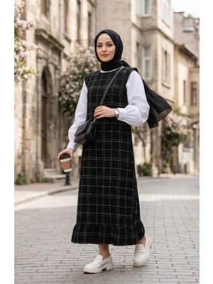 Sefa Merve Kareli Dokulu Jile Elbise 2514-06 Siyah