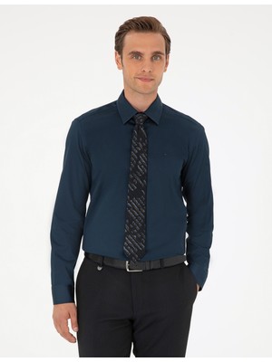 Pierre Cardin Erkek Lacivert %100 Pamuk Parlak Saten Slim Fit Uzun Kollu Basic Gömlek 50292520-VR033