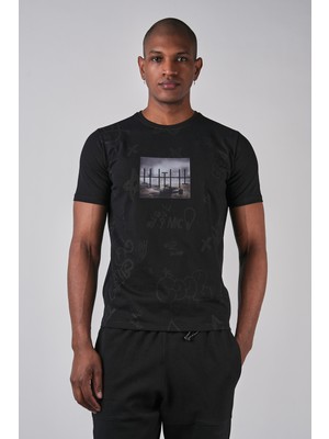 Ex-pent Erkek Pamuklu Suprem Kumaşlı Slim Kalıp Baskılı Siyah T-Shirt