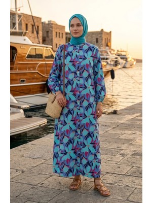 Sefa Merve Çiçek Desenli Boydan Düğmeli Elbise 0259-02 Çağla Yeşili