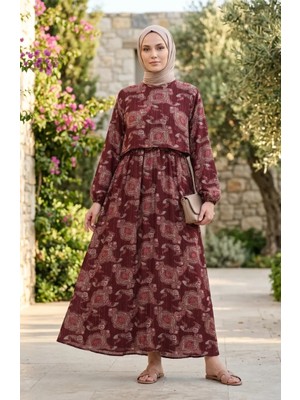 Sefa Merve Şal Desenli Beli Lastikli Elbise 71287-01 Bordo
