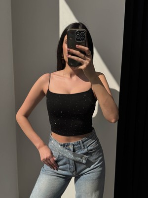 Esra Helvacı Taş Baskılı Ince Askılı Crop