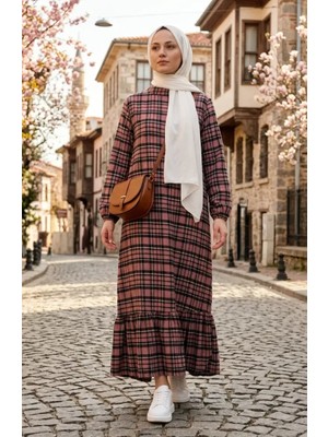 Kolu Lastikli Kareli Oduncu Elbise 2248-01 Gül Kurusu