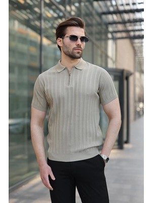 Madmext Kum Rengi Yarım Fermuarlı Polo Yaka Erkek Triko Tişört E7458