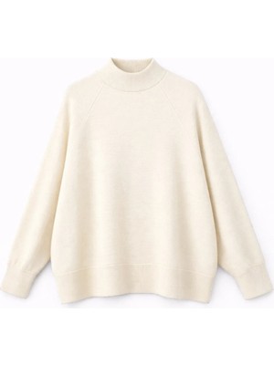 Mixray 7003 Kadın Oversize Dik Yaka Basic Triko Kazak Naturel
