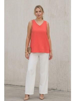 Lupinn Kadın Nar Çiçeği Askılı Bluz V Yaka Salaş Yazlık Rahat Kesim Tatil Kombinlik Basic Şık Üst Bluz