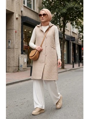 Kapüşonlu Düğmeli Kapitone Yelek 71315-03 Bej