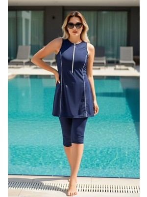 Tesmay Kadın Düz Renk Ince Kaplı Biye Detaylı Yarım Kapalı Tesettür Mayo