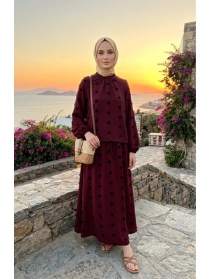 Ponpon Detaylı Ikili Takım 0260-05 Vişne