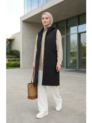 Kapüşonlu Düğmeli Kapitone Yelek 71315-04 Siyah