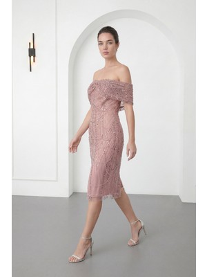 Lafaba Kadın Pudra Kayık Yaka Boncuklu Midi Abiye Elbise