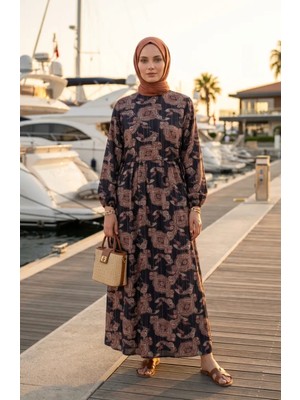 Şal Desenli Beli Lastikli Elbise 71287-03 Mor