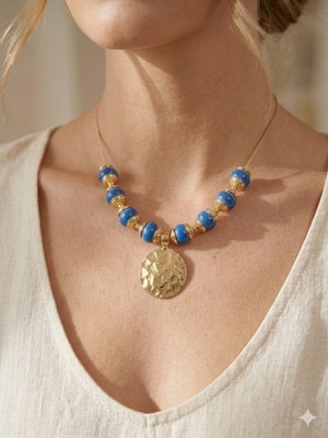Olen Bohem Azure Seramik Taşlı Dövme Madalyon Kolye