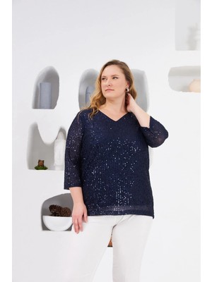 Rmg Büyük Beden Astarlı Pul Payet Bluz Lacivert