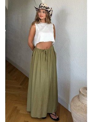 Nana & Mayka Moda Kadın Haki Uzun Etek Beli Lastikli Bağcıklı Maksi Boy Bol Tesettür Etek Pamuk Viskon Iç Göstermez Yazlık Ilkbahar S-M-L