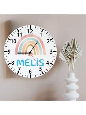 Hediye Vakti Kişiye Özel Isimli Bebek ve Çocuk Odası Dekoratif Cam Saat - Gökkuşağı Desenli