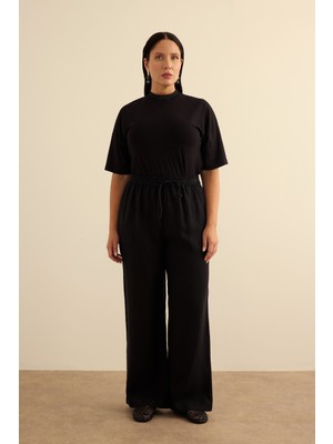 Aker Siyah Beli Lastikli Keten Pantolon