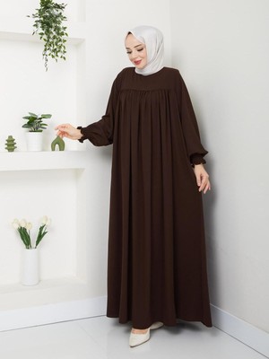 Esra Butik Kahverengi Medine Ipeği Robalı Uzun Elbise 140 cm Şık Tesettür Elbise