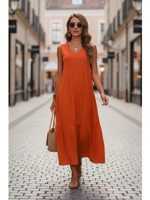 Mossta V Yaka Uzun Dokuma Viskon Elbise - Turuncu