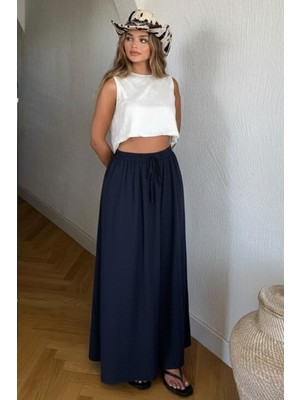 Nana & Mayka Moda Kadın Lacivert Uzun Etek Beli Lastikli Bağcıklı Maksi Boy Bol Tesettür Etek Pamuk Viskon Iç Göstermez Yazlık Ilkbahar S-M-L