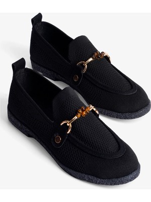 Mubiano Kadın Triko Loafer Babet Gold Detaylı Ares Siyah